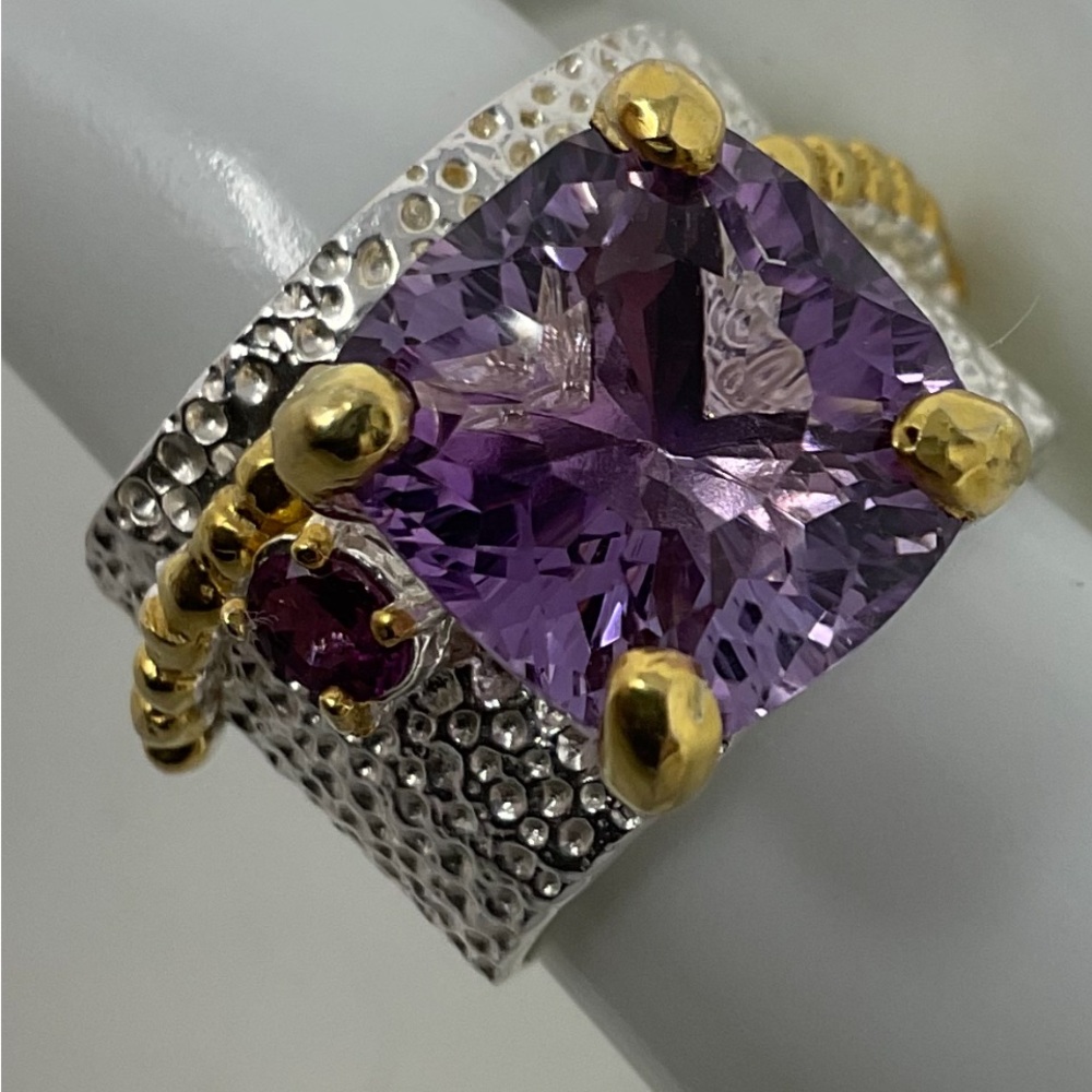 Artistic, one of a kind Genuine Amethyst Ring , accented with a Garnet